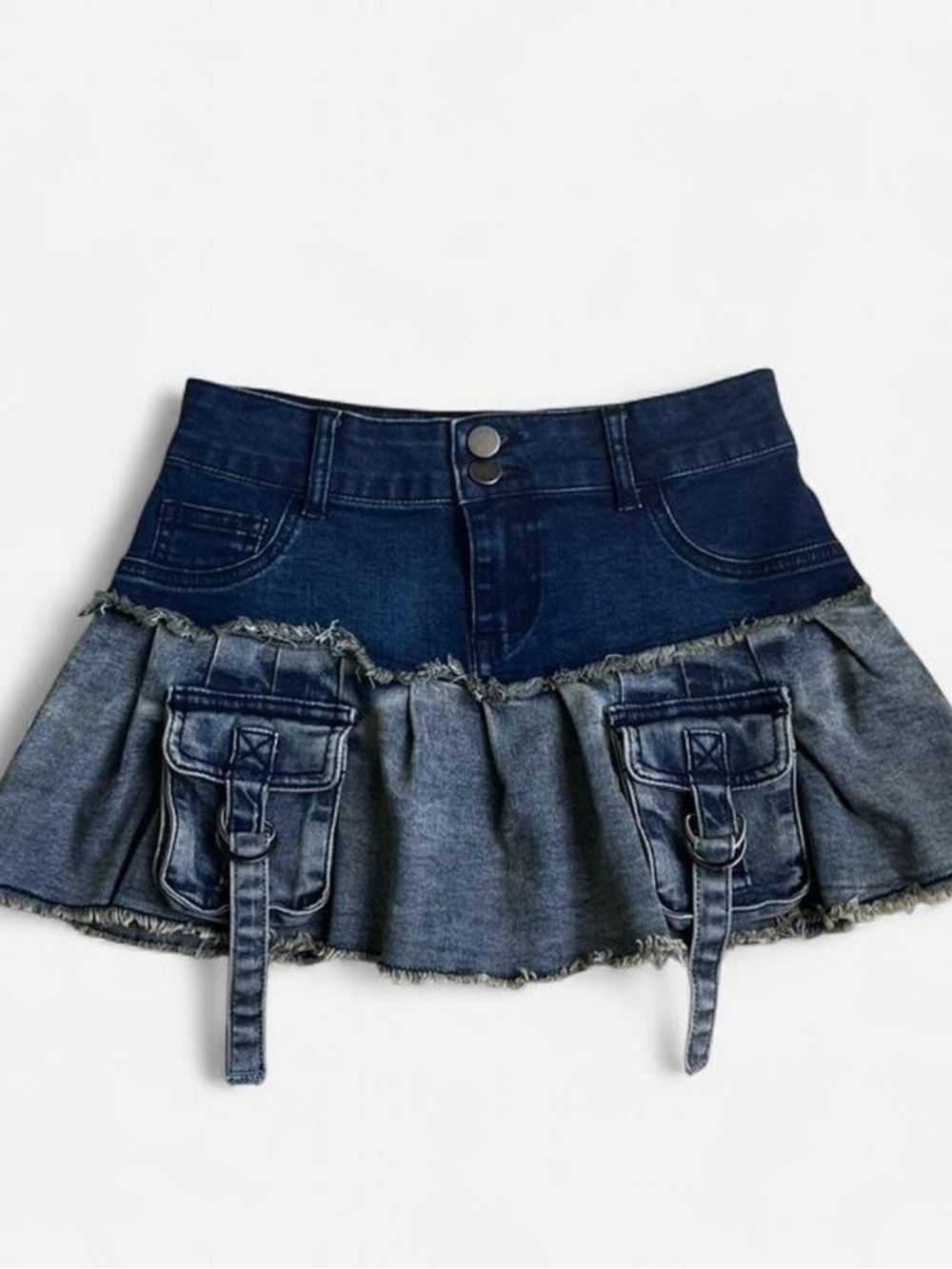 Dolls Kill Mixed Denim Mini Skirt with Utility Pockets - Mid rise